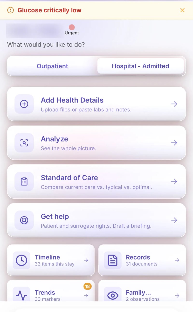Myrrh Health app home screen with options to add health details, analyze, compare against the standard of care and get help. The patient name is blurred.